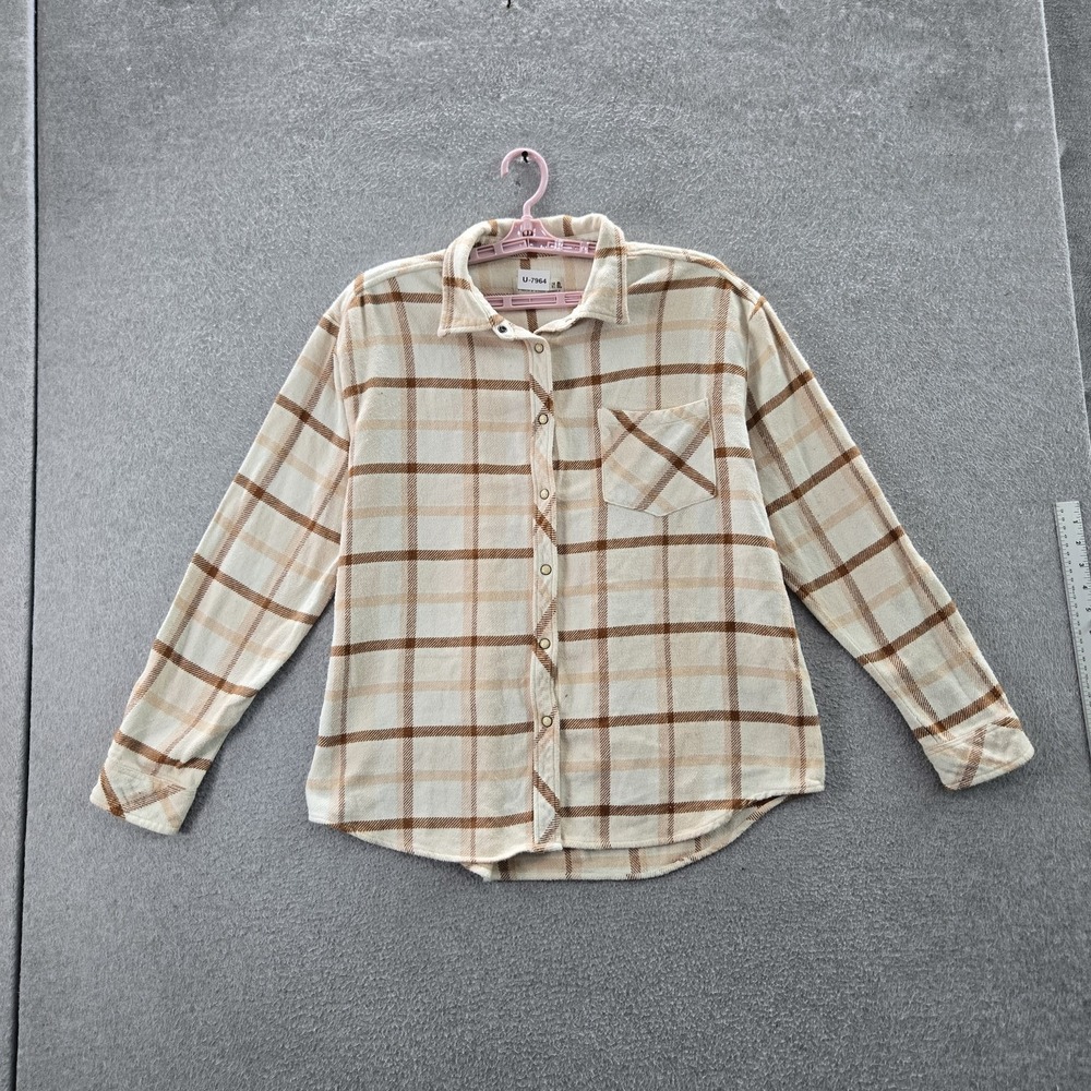 Idyllwind Women Button Up Shirt L Beige Plaid Western Pearl Flannel